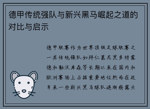德甲传统强队与新兴黑马崛起之道的对比与启示